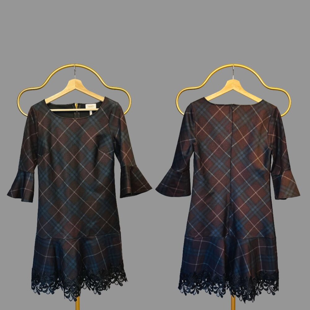 Laundry by Shelli Segal Plaid Bell Sleeve Lace Hem Dress Size 6 Small - Picture 7 of 7